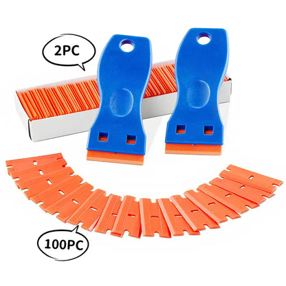 Plastic Razor Blade Scraper, 2PCS Scraper Tool, 120PCS Plastic Blades, for Cleaning Scraper Remover for Stickers, Decals, Adhesive, Labels, Paint from Glass, Car, Window, Caulk, No Scratches