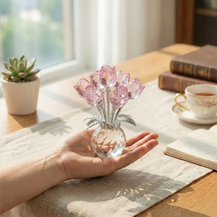 ✨️✨️Crystal Colorful Rose Bouquet Figurine with Round Vase | Glass Rose Flower Romantic Gifts for Her Mom on Birthday
