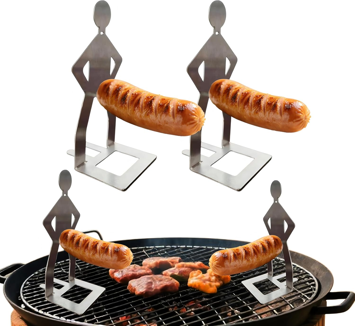 6 PCS Funny BBQ Stand Man Hot Dog Holder,Reusable Stainless Steel Hotdog and Sausage Stand