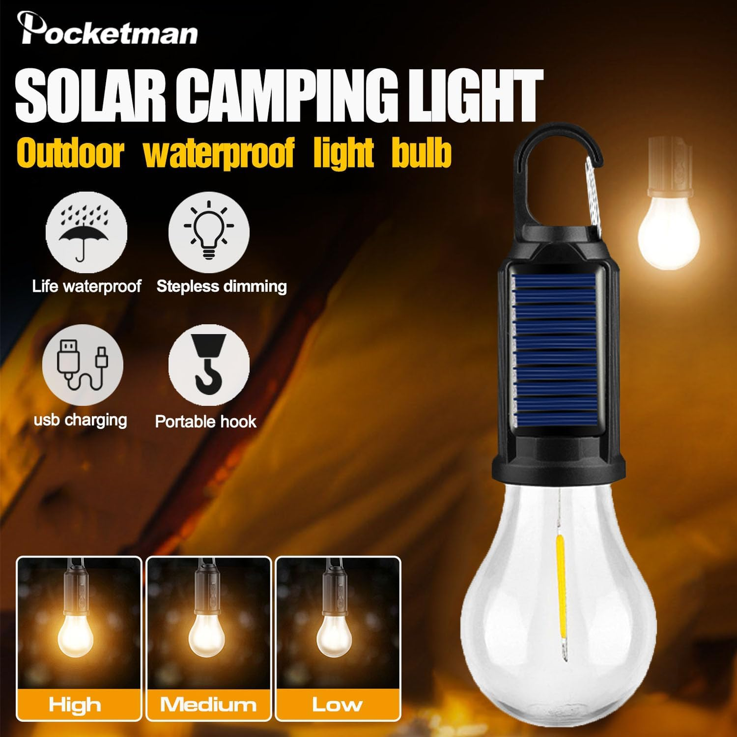 ✨️✨️2 PCS Solar Tent Camping Light Bulb Rechargeable Portable LED Camping Lantern3 Lighting Modes Tungsten Light Tent Lamp with Clip Hook