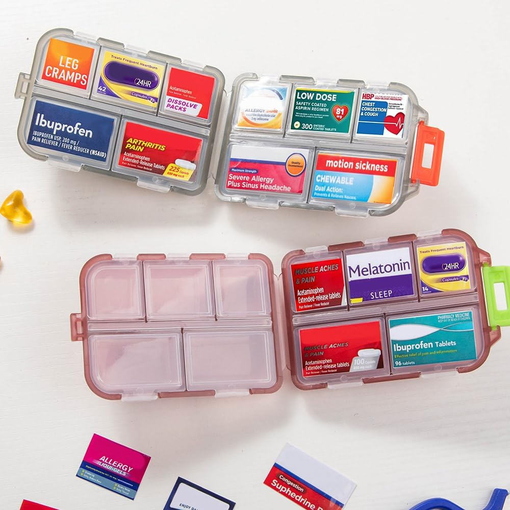 Custom Travel Pill Organizer, 10 Compartments Portable Pill Case with Medicine Labels, 5 Colors Daily Pill Box