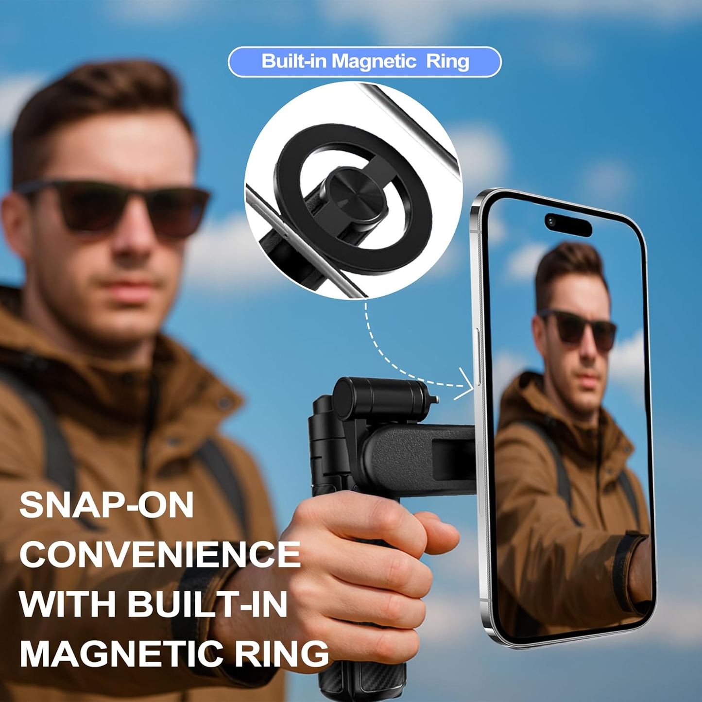 4-in-1 Multifunctional 360° Rotation Magnetic Selfie Stick, Mini Portable Extendable Phone Tripod with Remote and Metal Ring for iPhone & Android, for Travel Vlog Live Streaming