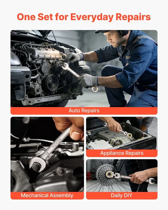 🛠️🛠️VEVOR 6-Piece Multifunctional Flex-Head Ratcheting Wrench Set, Metric 6mm-11 mm, 72 Teeth Cr-V Steel Flexible Combination Wrench Set, Car & Automotive Tools with Roll Up Pouch