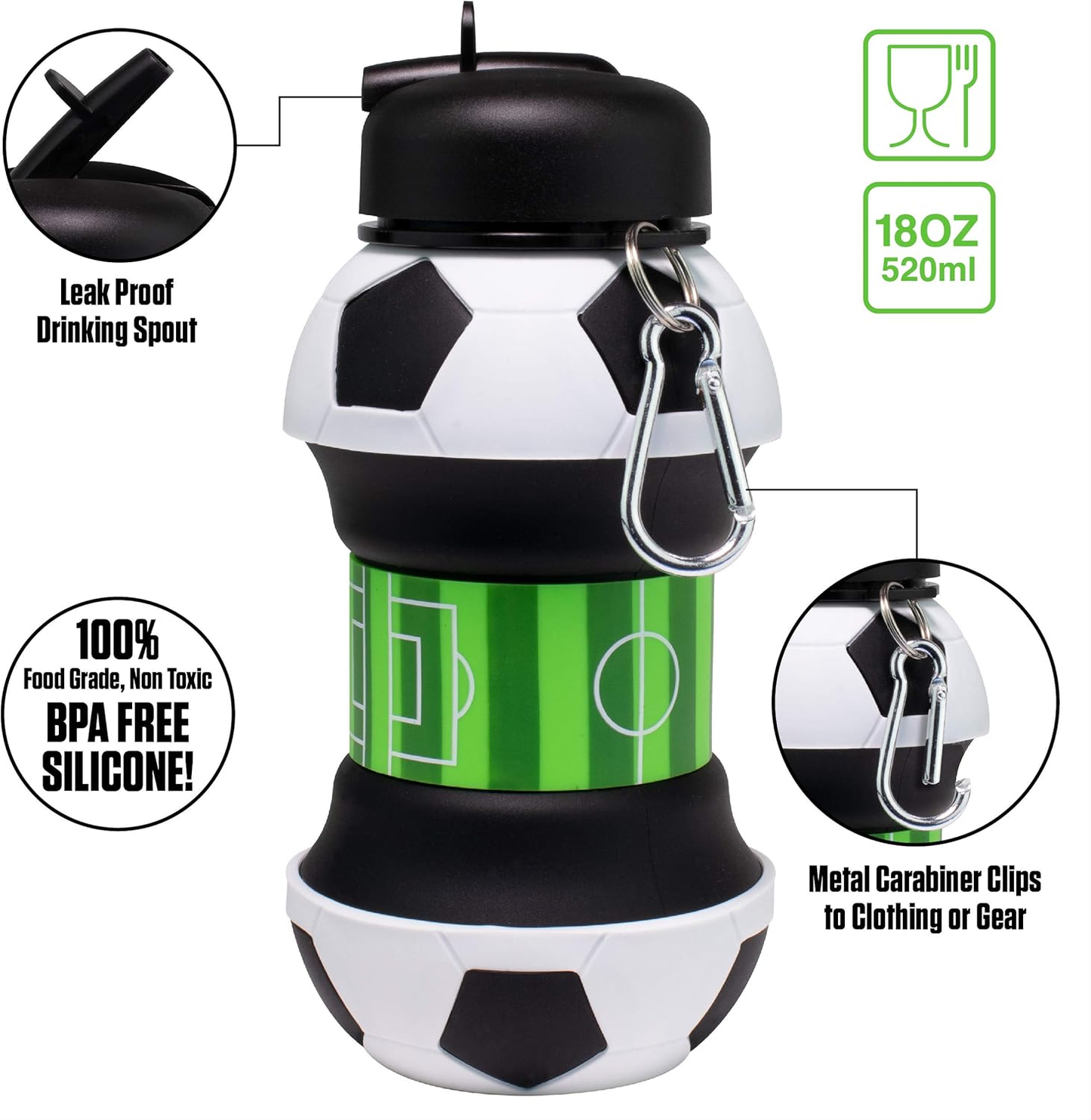 Collapsible Silicone Soccer Ball Water Bottle for Kids, 18 oz BPA-Free with Clip, Leak-Proof Spout, Portable Sports Drink Bottle