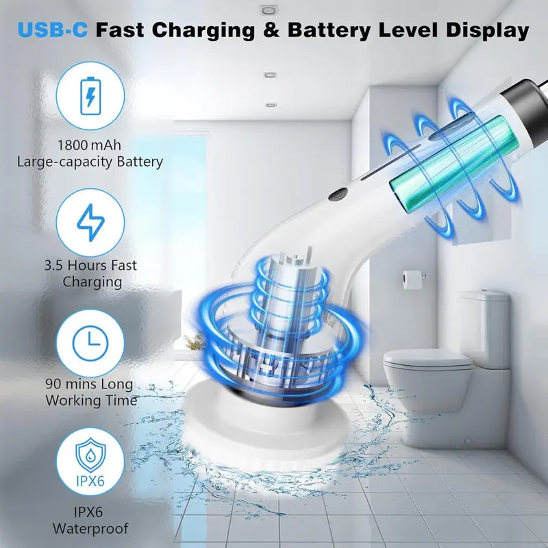 🫧🧼Electric Spin Scrubber, Cordless Shower Scrubber Full-Body IPX7 Waterproof, Electric Cleaning Brush with 4 Replaceable Brush Headsand 3 Adjustable Extension Handle
