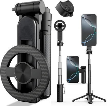 4-in-1 Multifunctional 360° Rotation Magnetic Selfie Stick, Mini Portable Extendable Phone Tripod with Remote and Metal Ring for iPhone & Android, for Travel Vlog Live Streaming
