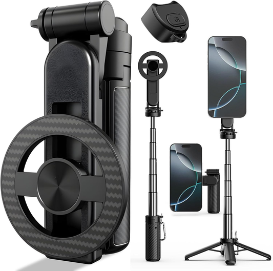 4-in-1 Multifunctional 360° Rotation Magnetic Selfie Stick, Mini Portable Extendable Phone Tripod with Remote and Metal Ring for iPhone & Android, for Travel Vlog Live Streaming