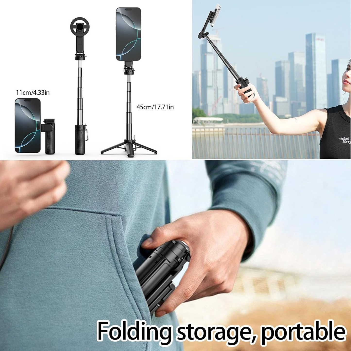 4-in-1 Multifunctional 360° Rotation Magnetic Selfie Stick, Mini Portable Extendable Phone Tripod with Remote and Metal Ring for iPhone & Android, for Travel Vlog Live Streaming
