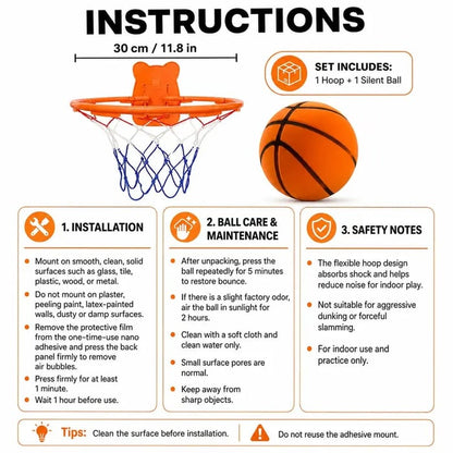 🏀⛹️Quiet Indoor Basketball Set, Noise-Free Rebound Ball & Hoop, Quiet Practice Ball, Noiseless Rebound Ball and Hoop for Silent Indoor Play