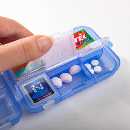 Custom Travel Pill Organizer, 10 Compartments Portable Pill Case with Medicine Labels, 5 Colors Daily Pill Box