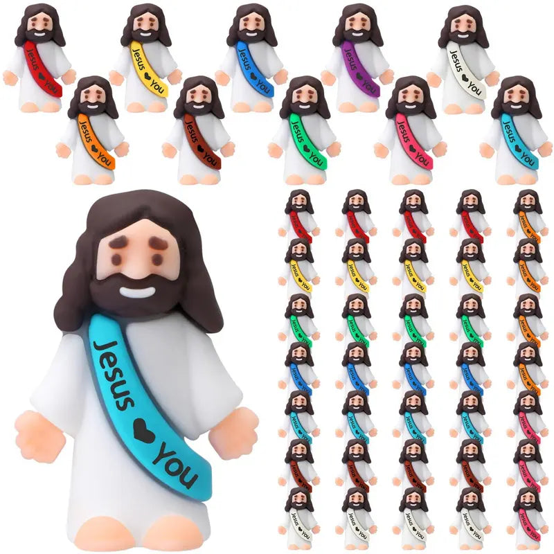 ✨️50PCS Mini Jesus Figures Multicolor Original Design Jesus Loves You Little Christ Rubber Hide and Seek Toys