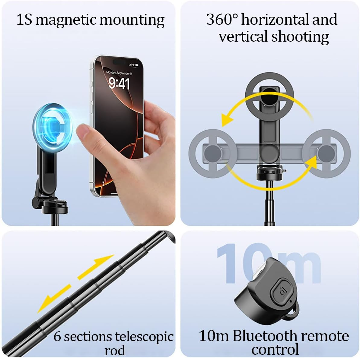 4-in-1 Multifunctional 360° Rotation Magnetic Selfie Stick, Mini Portable Extendable Phone Tripod with Remote and Metal Ring for iPhone & Android, for Travel Vlog Live Streaming