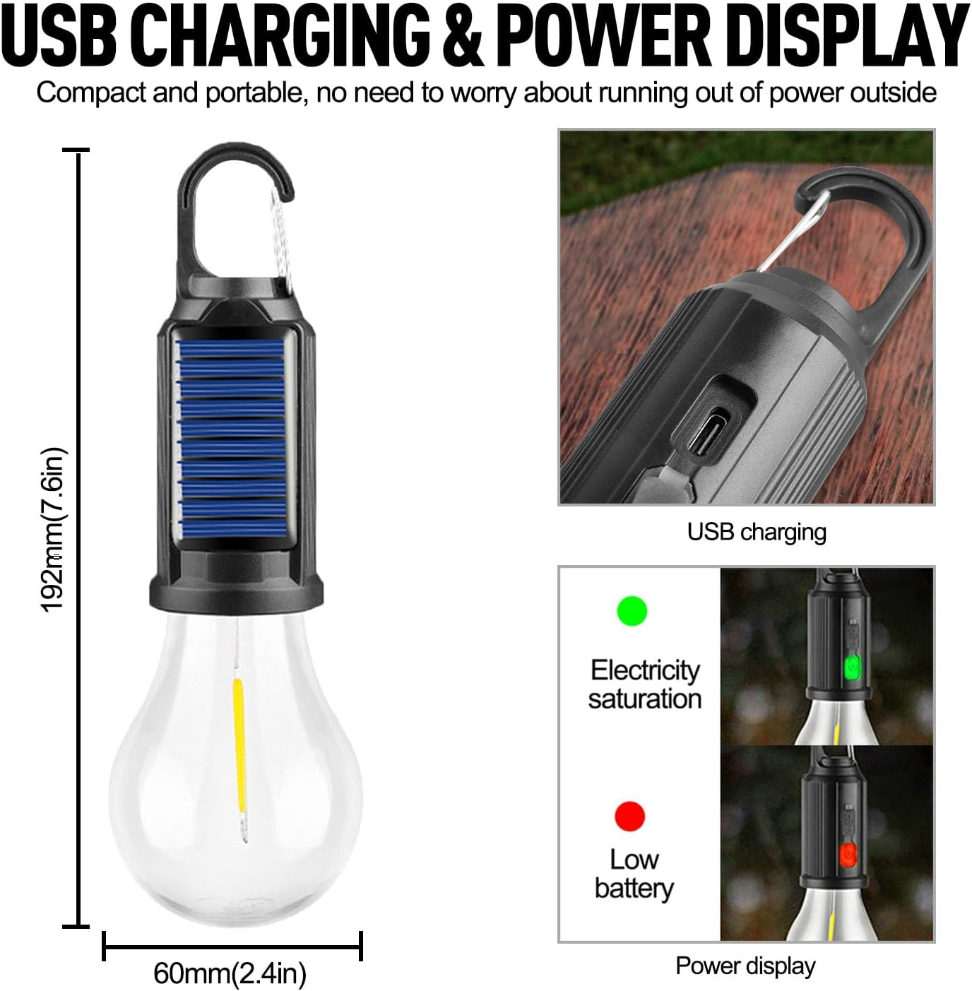 ✨️✨️2 PCS Solar Tent Camping Light Bulb Rechargeable Portable LED Camping Lantern3 Lighting Modes Tungsten Light Tent Lamp with Clip Hook