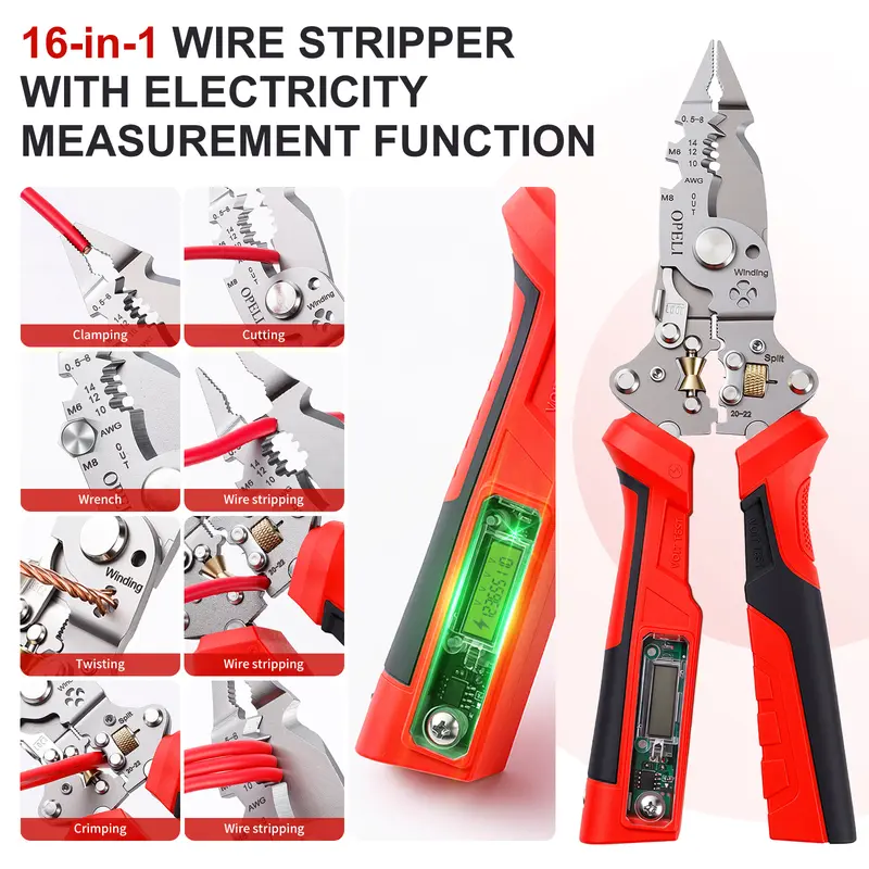 🛠️🛠️16 in 1 Wire Stripper Twister forCutting and Pulling Wires, Voltage Tester Pliers, Cable Scissors, 12V to250V Live,Null,Hot Wire Judgment ACDC, Audible and Flashing LED Alarms
