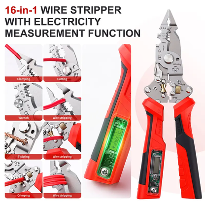 🛠️🛠️16 in 1 Wire Stripper Twister forCutting and Pulling Wires, Voltage Tester Pliers, Cable Scissors, 12V to250V Live,Null,Hot Wire Judgment ACDC, Audible and Flashing LED Alarms