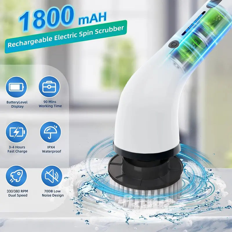 🫧🧼Electric Spin Scrubber, Cordless Shower Scrubber Full-Body IPX7 Waterproof, Electric Cleaning Brush with 4 Replaceable Brush Headsand 3 Adjustable Extension Handle