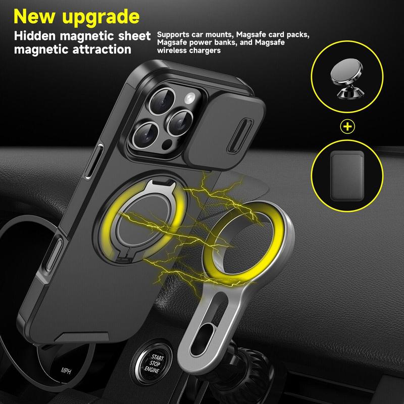Case with Slide Camera Cover & Rotatable Ring Kickstand, Grade Shockproof Protective Case for iPhone 11/12/13/14/15/16/17 Series