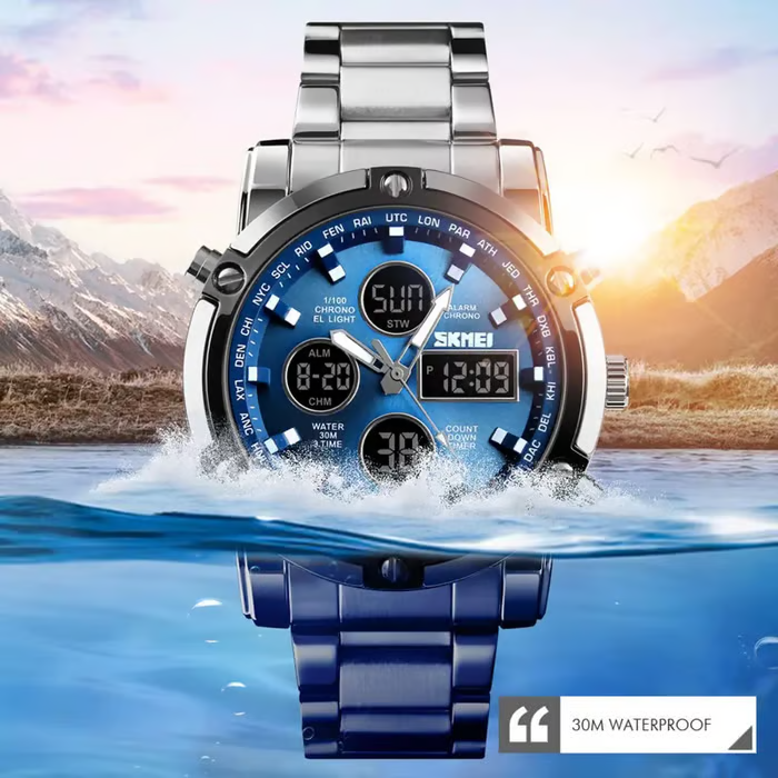 🔥Limited-time discount of 49%🔥Fashion Multi functional Sports Men's Watch, 48Mm Metal Case with 3 Time Zone Night Light 30M Waterproof Stainless Steel Strap, Dual Time Display, Timer, Calendar, Alarm Clock Function Watch Wristwatch