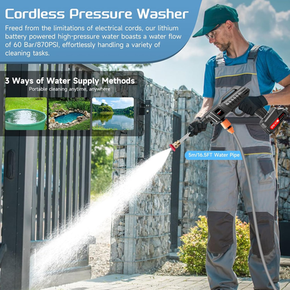 🌊Portable Battery Power Washer 1500W, 60Bar/870 PSI Electric Pressure Washer Handheld High Pressure Car Washer Gun🔫 with 2 Nozzles,  5m Hose Cordless Jet Washers for Car/Floor/Patio