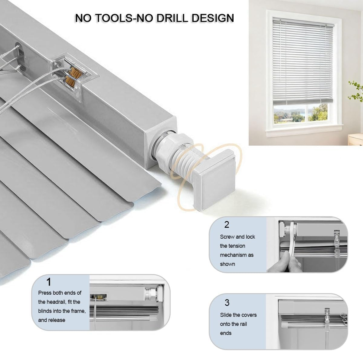 Aluminum Venetian Blind, No Drill Light Filtering Mini Blinds