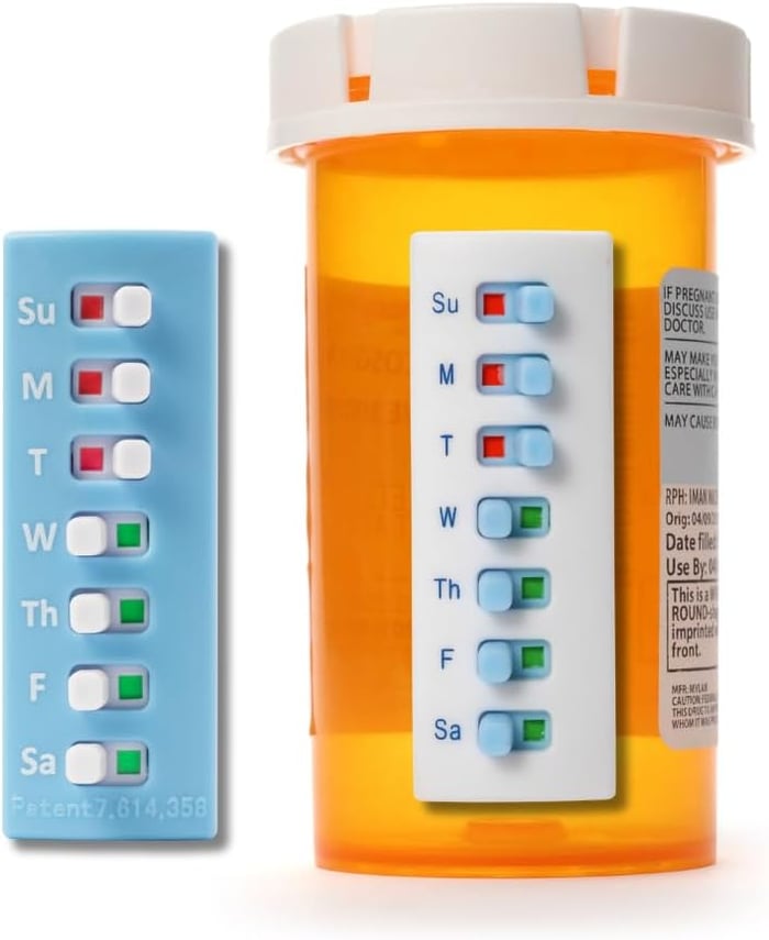 🩺💊 Pill/Medication/Vitamin/Pet Med Tracker & Reminder, Attach to Your Bottle, Organizer-Free, Curved‑Back, White & Blue (2-Pack, 1 Each)