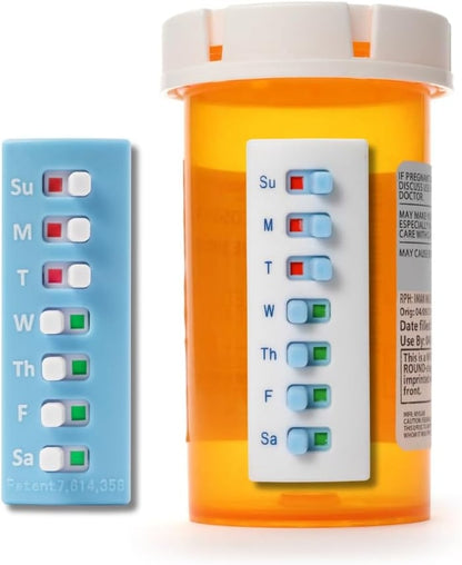 🩺💊 Pill/Medication/Vitamin/Pet Med Tracker & Reminder, Attach to Your Bottle, Organizer-Free, Curved‑Back, White & Blue (2-Pack, 1 Each)