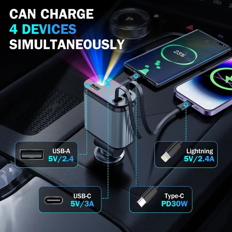 🔥🔥Car Charger with Starlight, 4 in 1 Retractable 66W USB C Car Charger with 2 USB Ports, Fast Car Charger Compatible with iPhone 16 and Android