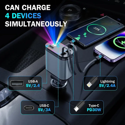 🔥🔥Car Charger with Starlight, 4 in 1 Retractable 66W USB C Car Charger with 2 USB Ports, Fast Car Charger Compatible with iPhone 16 and Android
