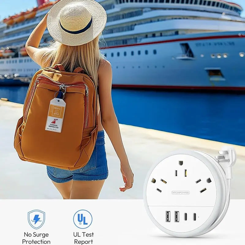 Travel Power Strip Cruise Approved, 7-in-1 with 3 AC Outlets & 4 USB (2 USB-C), Flat Plug 5FT Wrapped Around Extension Cord, Travel Essentials for Cruise, Hotel & Dorm