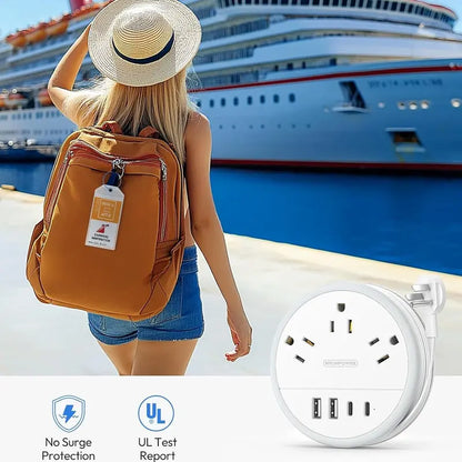 Travel Power Strip Cruise Approved, 7-in-1 with 3 AC Outlets & 4 USB (2 USB-C), Flat Plug 5FT Wrapped Around Extension Cord, Travel Essentials for Cruise, Hotel & Dorm