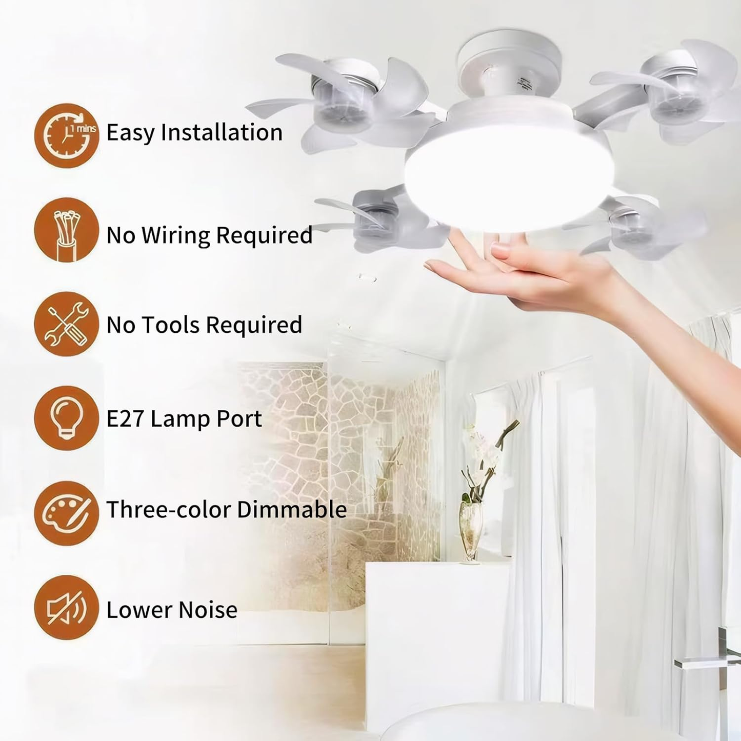Socket Fan Light, Screw in Ceiling Fan with Remote Control Light Bulb Dimmable 3 Color Temperatures & 3 Wind Speeds E27 Screw-in Installation for Bedroom, Kitchen, Garage