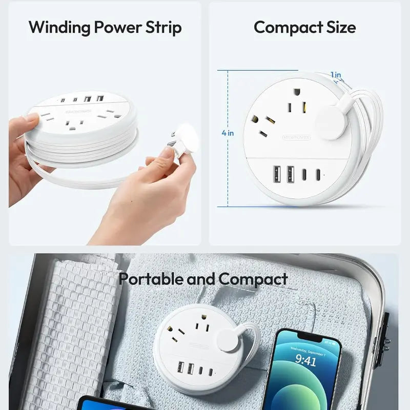 Travel Power Strip Cruise Approved, 7-in-1 with 3 AC Outlets & 4 USB (2 USB-C), Flat Plug 5FT Wrapped Around Extension Cord, Travel Essentials for Cruise, Hotel & Dorm