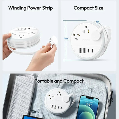 Travel Power Strip Cruise Approved, 7-in-1 with 3 AC Outlets & 4 USB (2 USB-C), Flat Plug 5FT Wrapped Around Extension Cord, Travel Essentials for Cruise, Hotel & Dorm