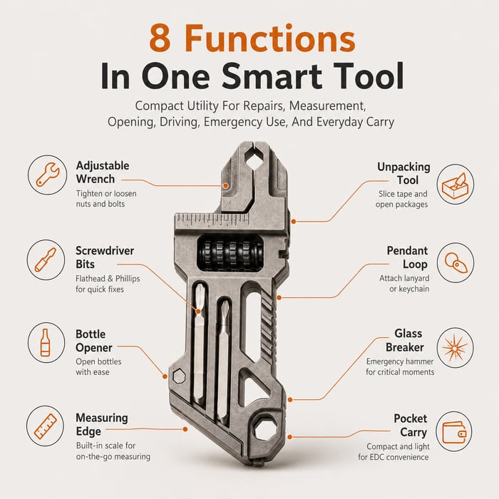 🛠️8-in-1 Titanium EDC Multi-Tool Wrench Keychain – Everyday Carry Companion for Adventure, Repair & Emergency Moments