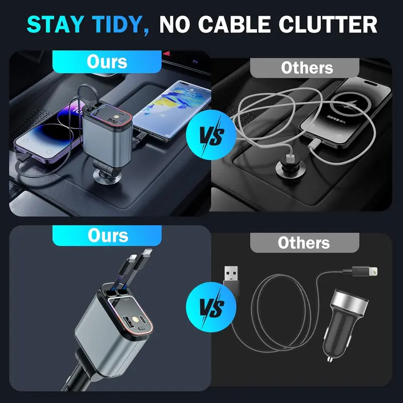 🔥🔥Car Charger with Starlight, 4 in 1 Retractable 66W USB C Car Charger with 2 USB Ports, Fast Car Charger Compatible with iPhone 16 and Android