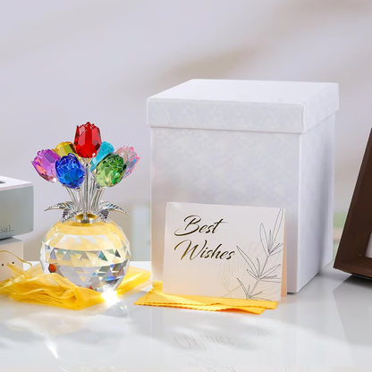 ✨️✨️Crystal Colorful Rose Bouquet Figurine with Round Vase | Glass Rose Flower Romantic Gifts for Her Mom on Birthday