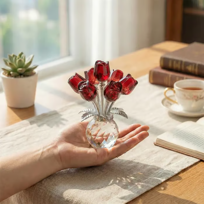✨️✨️Crystal Colorful Rose Bouquet Figurine with Round Vase | Glass Rose Flower Romantic Gifts for Her Mom on Birthday