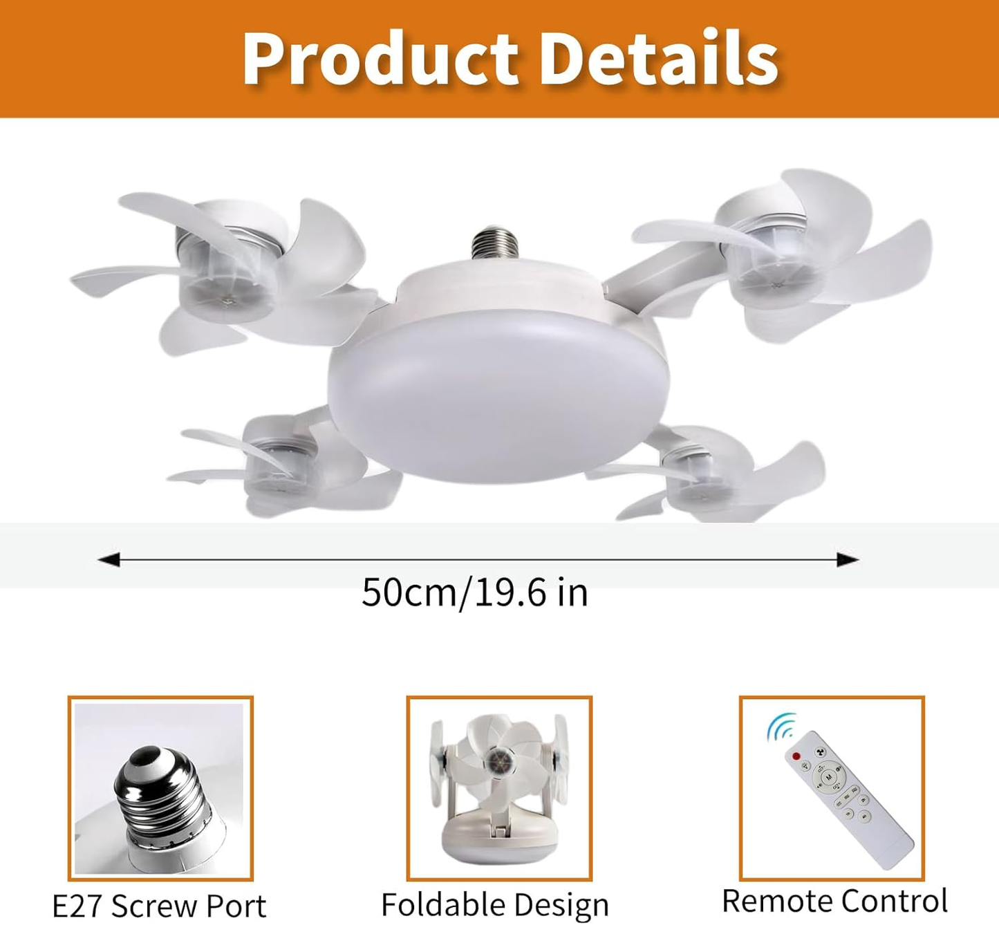 Socket Fan Light, Screw in Ceiling Fan with Remote Control Light Bulb Dimmable 3 Color Temperatures & 3 Wind Speeds E27 Screw-in Installation for Bedroom, Kitchen, Garage