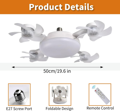 Socket Fan Light, Screw in Ceiling Fan with Remote Control Light Bulb Dimmable 3 Color Temperatures & 3 Wind Speeds E27 Screw-in Installation for Bedroom, Kitchen, Garage
