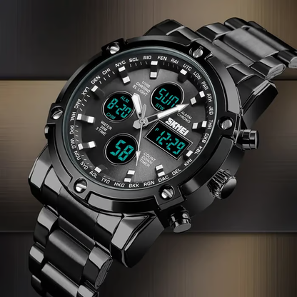 🔥Limited-time discount of 49%🔥Fashion Multi functional Sports Men's Watch, 48Mm Metal Case with 3 Time Zone Night Light 30M Waterproof Stainless Steel Strap, Dual Time Display, Timer, Calendar, Alarm Clock Function Watch Wristwatch