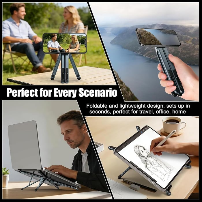 Portable Laptop Stand, Adjustable Aluminum X-Frame Computer Riser, Foldable Notebook Holder with Multi-Angle Support