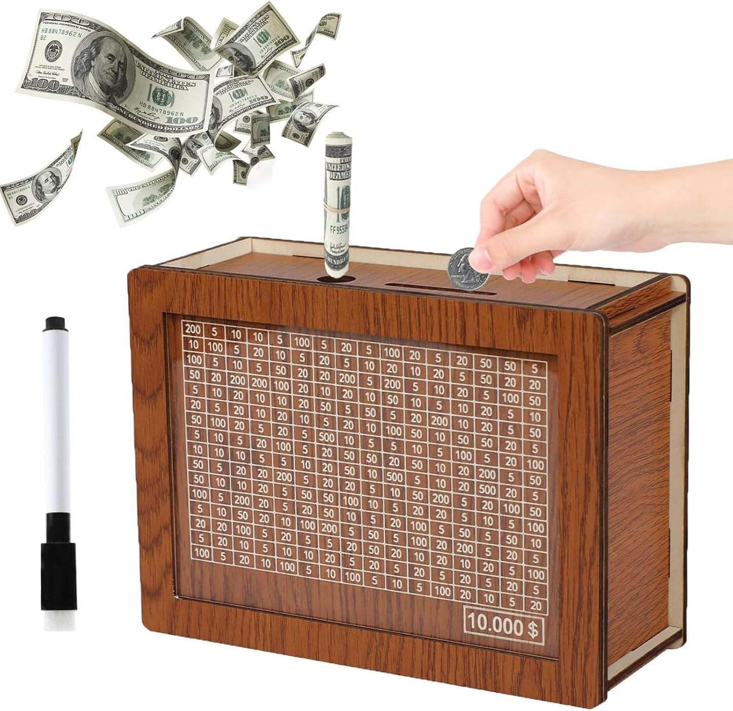 💰️💰️Cash Vault Wooden Savings Box,Wooden Money Box with Target and Numbers,Piggy Bank for Child Adults